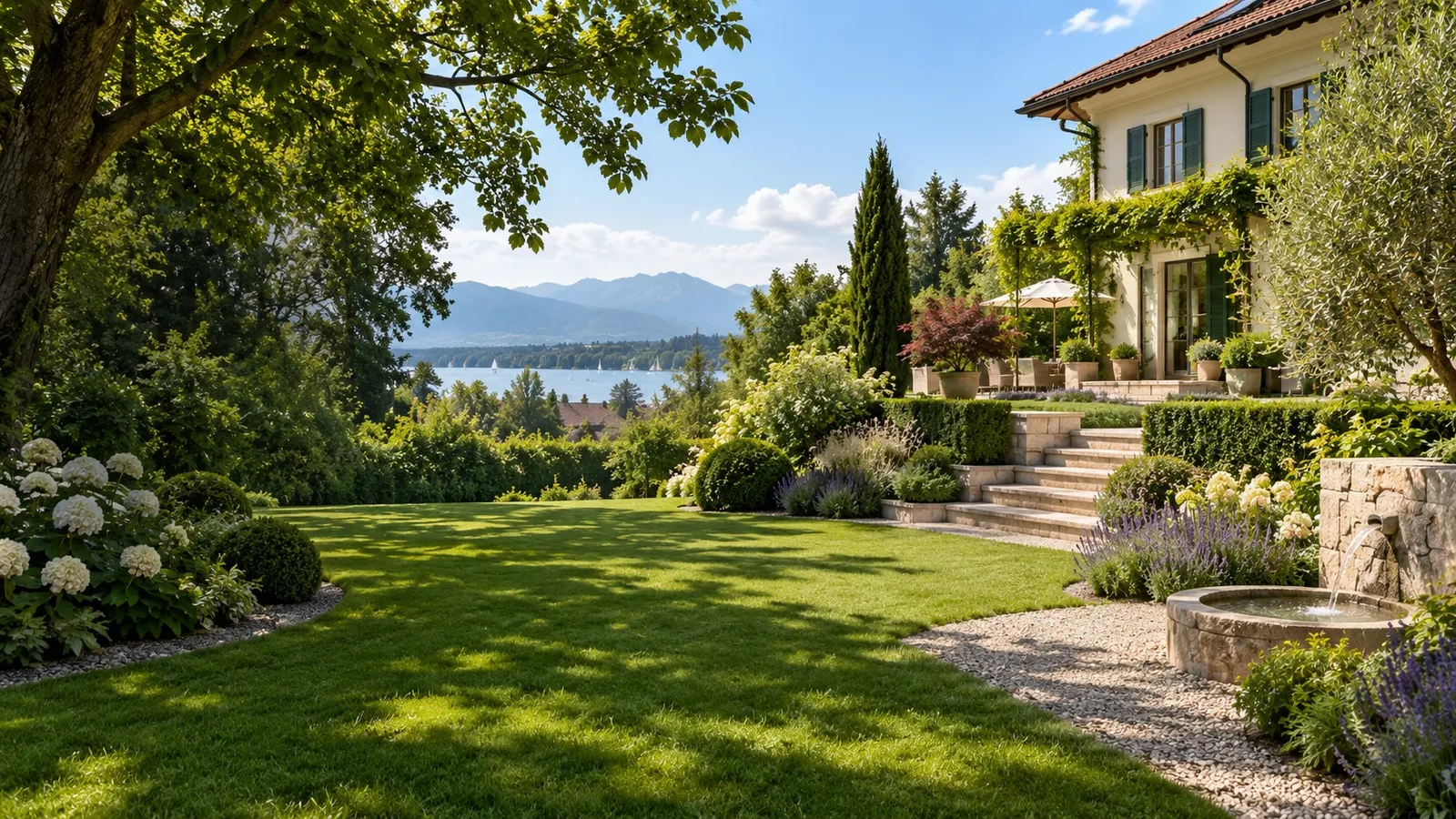 Gepflegter Garten mit Rasen, Hortensien, Natursteintreppe und Brunnen vor einer Villa, im Hintergrund ein See mit Segelbooten und Bergen